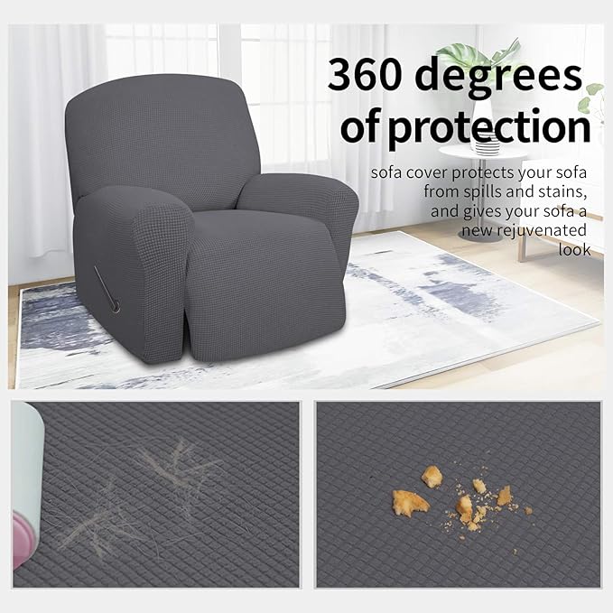 Easy-Going 4 Pieces Oversized Recliner Stretch Sofa Slipcover Sofa Cover Furniture Protector Couch Soft with Elastic Bottom Polyester Spandex Jacquard Fabric Small Checks Gray X-Large