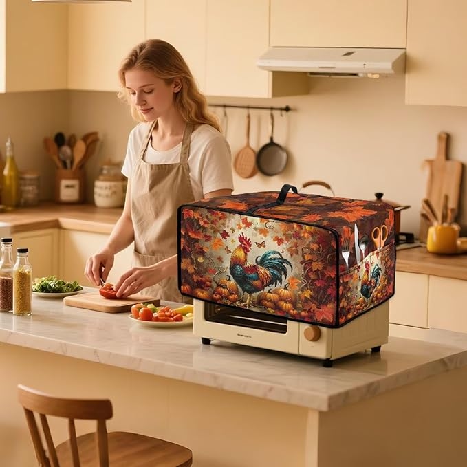 Air Fryer Toaster Oven Cover with Pockets, Stain-resistant Microwave Oven Protector for Kitchen Countertop, S, 14.5 x 18.5 x 9 Inches, Chicken Rooster Pumpkin Fall Leaves