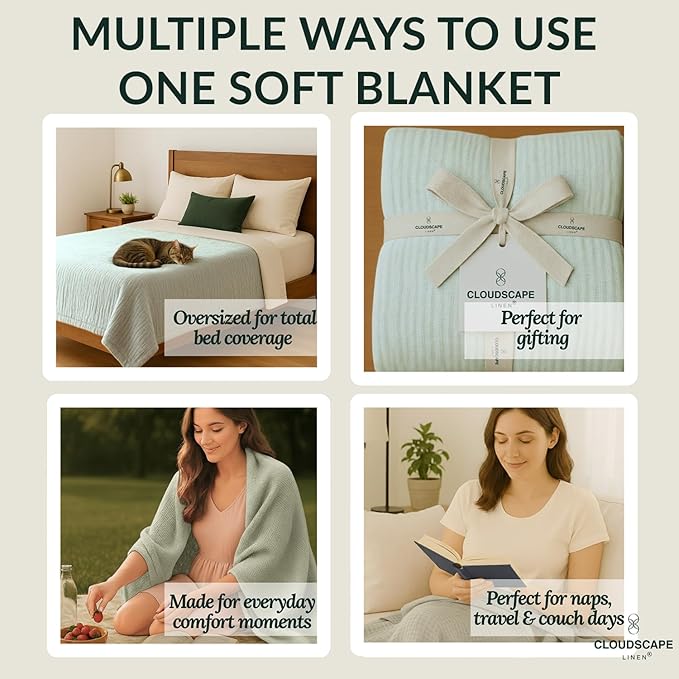 Cloud Scape Linen Extra Large 4 Layer Muslin Throw Blanket - 100% Cotton Gauze, Lightweight & Breathable All Season, Pre-Washed, for Couch & Bed, 50x70, Seafoam Green