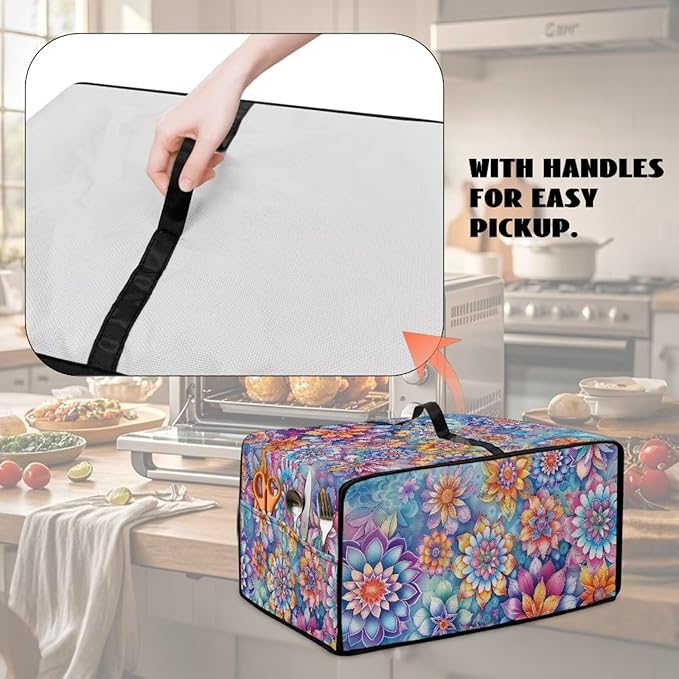 Boho Mandala Floral Print Microwave Oven Dust Cover with Storage Bags Universal Toaster Oven Cover Waterproof Polyester-Linen Fabric Kitchen Appliance Protector, S