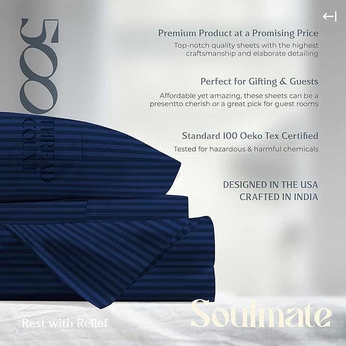 Mayfair Linen 100% Cotton Striped Sheets King Size Bed Set - 500 Thread Count Damask Sheets King Size 4 PC Set (Navy Blue Stripe), Soft, Cooling, Sateen Weave Hotel-Quality 16" Deep Pocket Bedsheet