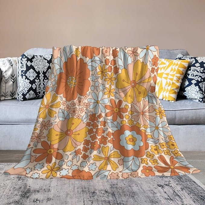 Retro 70s Floral Blanket, Hippie Summer Groovy Flower Power Flower Boho Print Throw Blanket for Couch Sofa Couch Chair 60"x80"