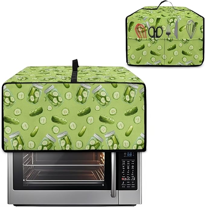 Toaster Oven Dust Cover with Storage Pockets, Dust-Proof Kitchen Appliance Protector for Small Appliances Convection Ovens, M, 16.5 x 20.5 x 10 Inches, Cucumber Print Green