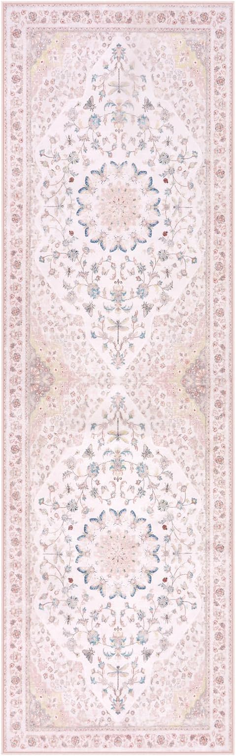 Moynesa Pink Runner Rugs for Long Hallway 2.5x8, Vintage Washable Floral Print Runner for Nursery Decor, Rubber Backing Non Slip Carpets for Kitchen Entryway Bathroom Bedroom