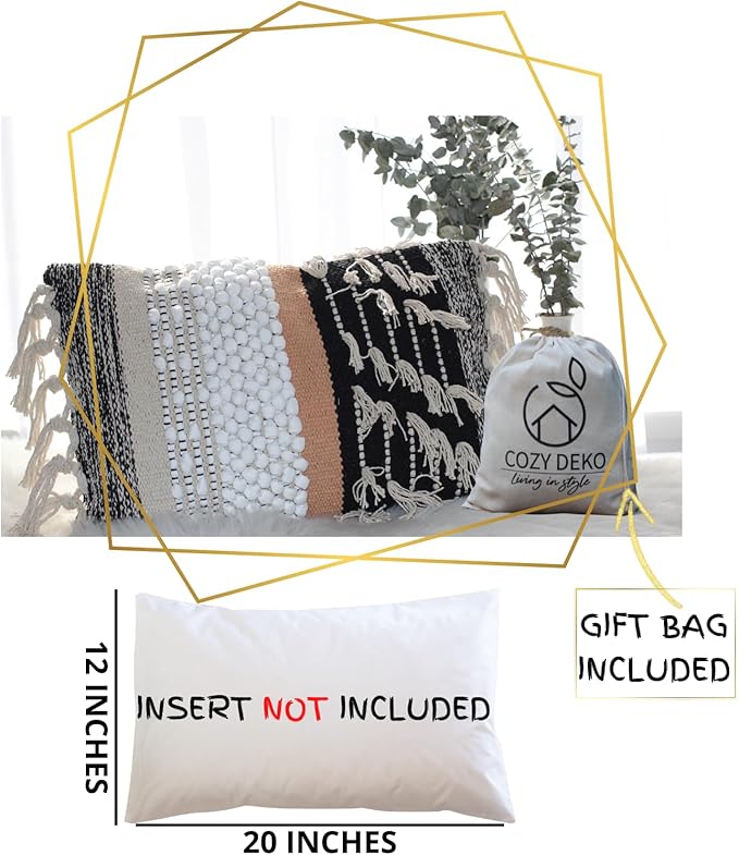 Decorative Boho-Chic Premium Pillow Cover 12x20 Handwoven Tufted Cotton Lumbar Accent Pillows, Neutral Earthly Color Throw Cushion, Farmhouse & Bohemian Home Decor (Limited Edition-Cover Only)