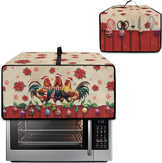 Christmas Toaster Oven Dust Cover with Storage Pockets, Protective Decorative Smart Oven Cover for for Kitchen Countertop, M, 16.5 x 20.5 x 10 Inches, Rooster Chicken Poinsettia Red Beige