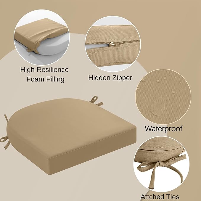 idee-home Outdoor Chair Cushions Set of 2, Thick 17" x 17" x 3" Patio Chair Cushions for Outdoor Furniture Waterproof with Ties, Seat Cushion, Dining Chair Pads Antique Beige