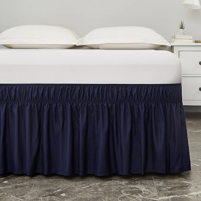 MEILA Wrap Around Bed Skirt Three Fabric Sides Elastic Dust Ruffled 14 Inch Tailored Drop,Easy to Install Fade Resistant-Navy Blue, Twin/Full