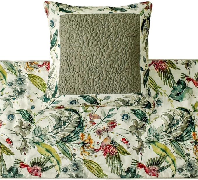 The HomeCentric King Queen Twin Ivory & Multi Designer King 90"x18" Bed Runner with Pillow Cover, Bird, Sequins & Beaded Bed Scarf on Cotton Fabric - Exotic Birds
