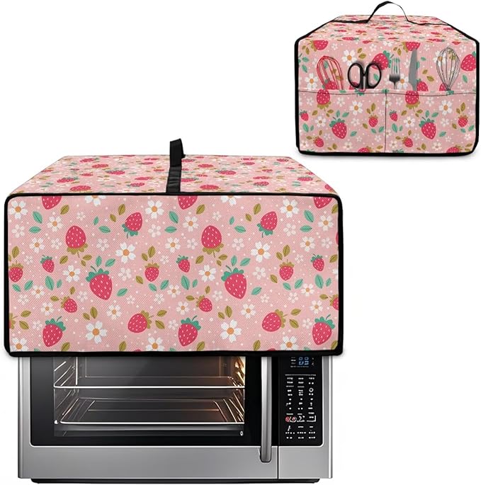Pink Strawberry Cherry Blossom Print Microwave Oven Dust Cover Toaster Oven Cover Foldable Polyester-Linen Fabric Small Appliance Dust Covers Suitable for Most Microwave Ovens, S