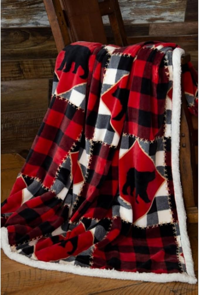 CARSTENS, INC. Ultra Premium Super Soft Plush Sherpa Fleece Oversized Throw Blanket 54" x 68", Lumberjack Bear Red Plaid