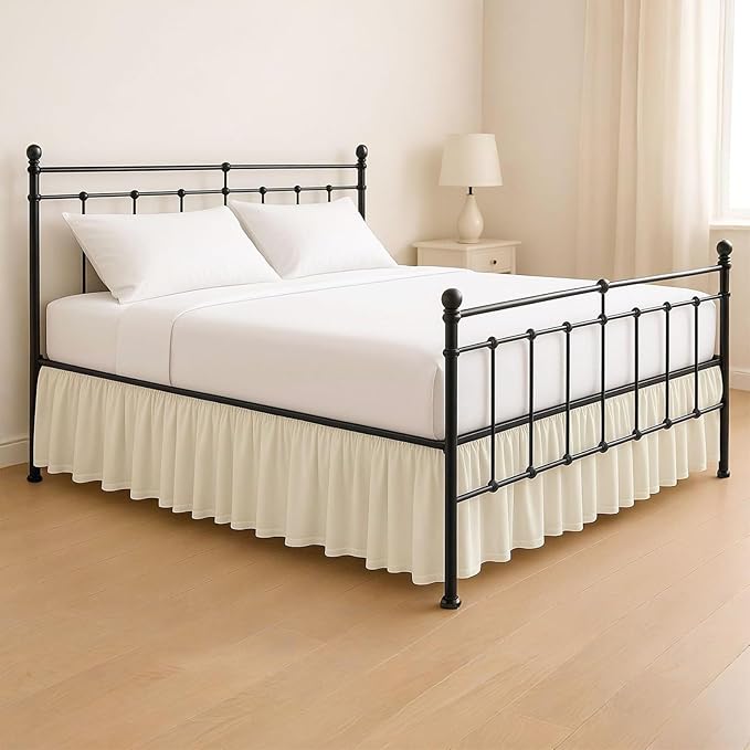 KRISHNA Ruffled Bed Skirt with Split Corners Queen, 100% Microfiber Hotel Quality, 12 Inch Drop Dust Ruffle Gathered Bedskirt with Platform, 60" x 80", Ivory