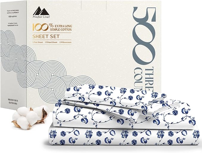 Mayfair Linen 100% Cotton Printed Bed Sheets Twin Size Set - 500 Thread Count Cotton Twin XL Sheets for Dorm Room, 3 PC Set (Floral Blue Print), Soft, Cooling, Sateen Weave 16" Deep Pocket Bedsheet