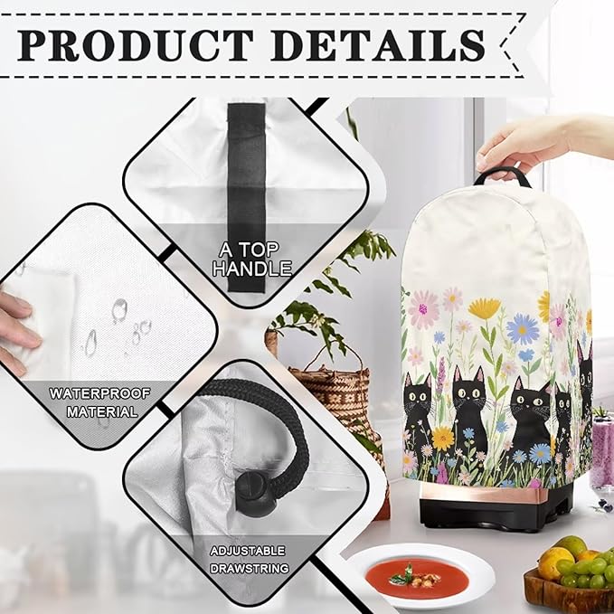 Flowers Black Cats Blender Cover Dust Cover Appliance Dust Cover for Small Food Processor Coffee Maker Juice Maker, Easy Clean