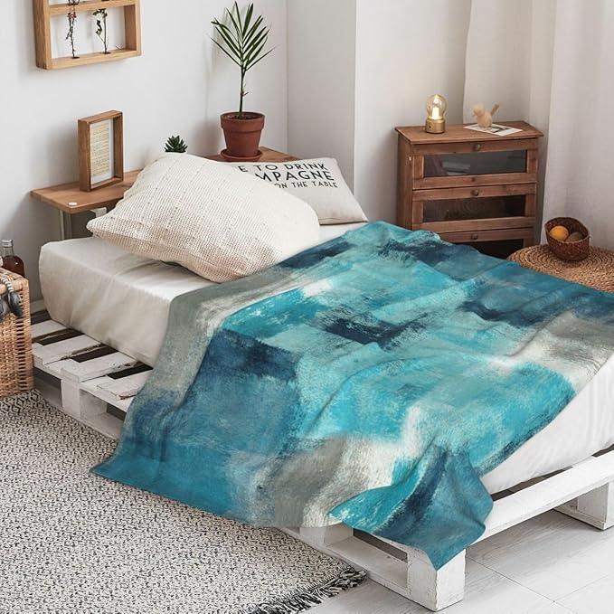 LOKMU Throw Blanket, Teal and Grey Abstract Art Ultra-Soft Cozy Flannel Blankets, Fuzzy Plush Lightweight Modern Blanket for Couch Sofa Bedding Home Decor, 80" L x 60" W