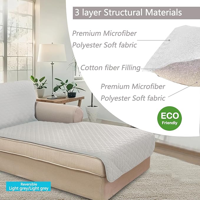U-NICE HOME Sectional Couch Cover for Dogs Chaise Lounge Reversible Sofa Cover Furniture Protector Cover for Pets with Elastic Adjustable Strap (Chaise Lounge, Light Grey/Light Grey)