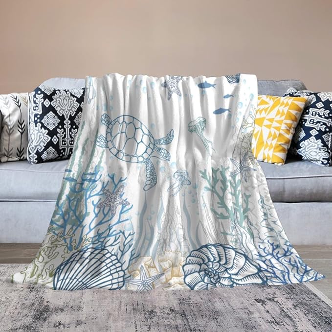 Nautical Turtle Throw Blanket, Coastal Sea Ocean Theme Coral Starfish Seashell Jellyfish Undersea Life Fleece Blanket for Summer Home Bed Sofa Couch Chair, 60"x80"
