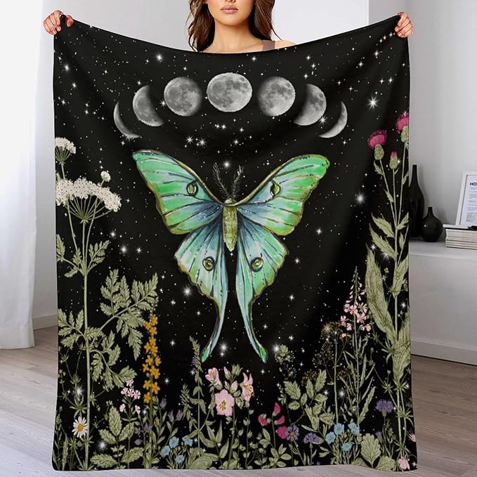 Moth Floral Flannel Blanket, Gothic Witchy Moon Phase Botanical Vintage Wildflower Plantsprint Soft Warm Fuzzy Throw Blanket for Couch Sofa Office Bed, 60"x80"