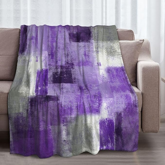 LOKMU Throw Blanket, Purple and Grey White Abstract Art Ultra-Soft Cozy Flannel Blankets, Fuzzy Plush Lightweight Modern Blanket for Couch Sofa Bedding Home Decor, 60" L x 50" W
