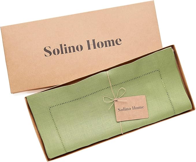 Solino Home Linen Moss Green Hemstitch Table Runner 48 Inches - 100% Pure Linen Small Table Runner 14 x 48 Inch Ideal for Dresser and Coffee Tables - Classic Hemstitch - Winter