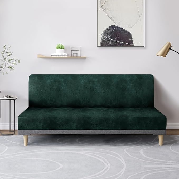 molasofa Leather Like Stretch Futon Slipcover Armless Futon Bed Sofa Cover Furniture Protector with Elastic Bottom, Soft and Washable Futon Cover for Sofa Bed Stay in Place（Medium，Green）