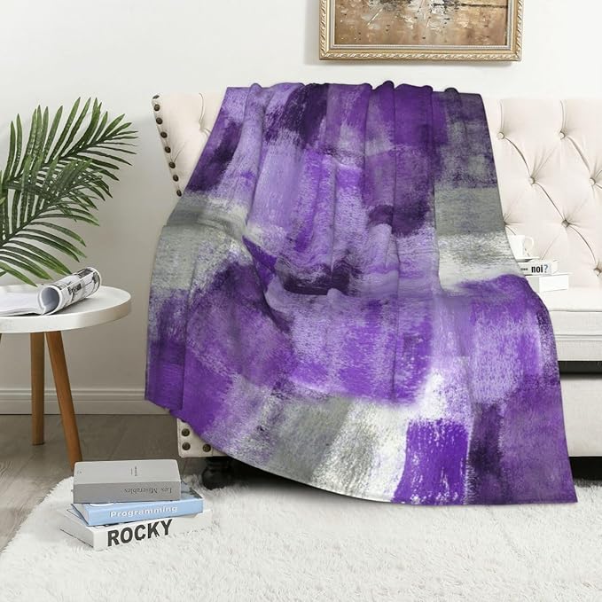 LOKMU Throw Blanket, Purple and Grey White Abstract Art Ultra-Soft Cozy Flannel Blankets, Fuzzy Plush Lightweight Modern Blanket for Couch Sofa Bedding Home Decor, 60" L x 50" W