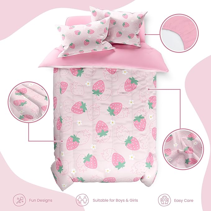 SANDJEST Strawberry Comforter Set Twin Size 68x86in for Kids Girls, Microfiber 3 Pcs Bedding Set Includes 1 Comforter, 1 Pillowcase, 1 Fitted Sheet, Nursery Room Decor
