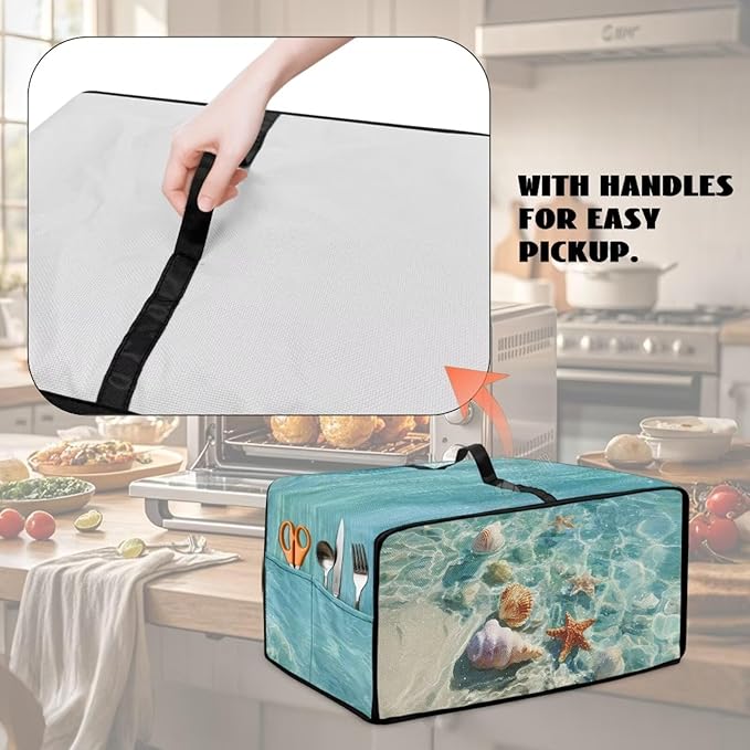 Toaster Oven Cover Washable Small Kitchen Appliance Dust Cover with Pockets, for Air Fryer Toaster Ovens, Microwaves, S, 14.5 x 18.5 x 9 Inches, Blue Beach Starfish Seashell Conch Whelk