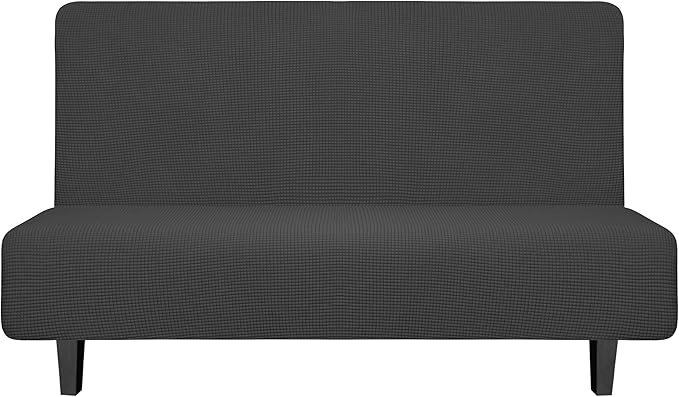 Easy-Going Stretch Futon Slipcover Armless Futon Bed Cover Furniture Protector Without Armrests with Elastic Bottom for Kids, Soft Jacquard Fabric Small Checks (Medium, Dark Gray)