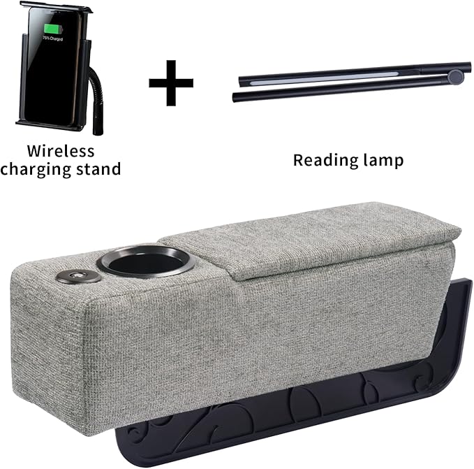 Multifunctional Sofa Armrest, Couch Armrest with Cup Holder, Removable Sofa Caddy with Storage,Equipped with LED Reading Light&Wireless Charge Stand, Grey