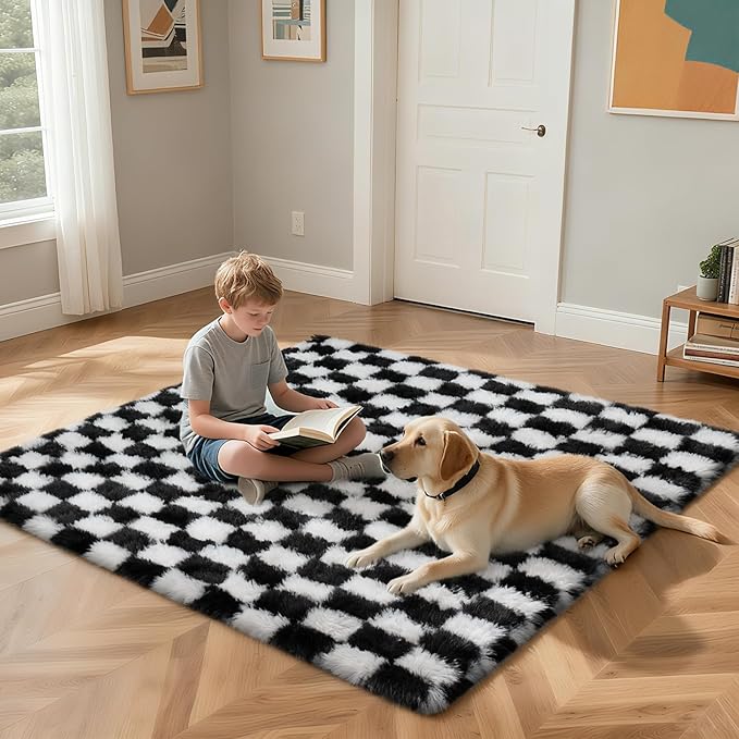 Checkered Rug for Living Room, 8x10 Black and White Area Rugs, Classic Checkered Carpets Shaggy Area Rug, Bedside Rugs for Living Room Bedroom Kids Room Home Decor
