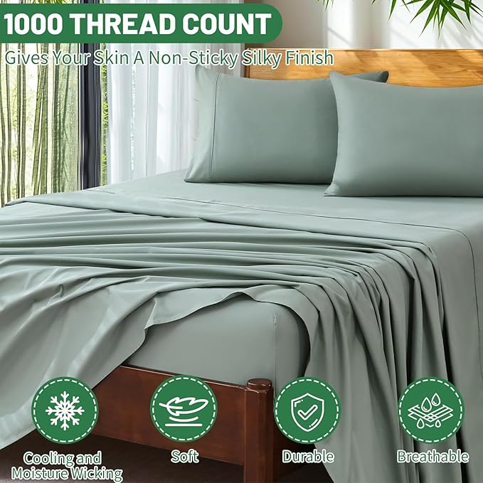 Extra Deep Pocket King Sheets 18-24 Inch 100% Egyptian Cotton 1000 Thread Count Sateen Weave Soft Breathable 4 Pieces（King，Sage Green）