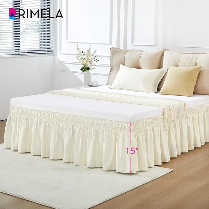 RIMELA Ivory Bed Skirt Queen Size 15 Inch Drop, Elastic Bed Skirting for Bed Base and Frame, Bedding Dust Ruffle Easy to Install, Lightweight Wrap Around Adjustable Bedskirt
