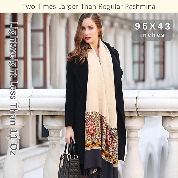 DANA XU 100% Merino Wool Extra Large Pashmina Blanket Travel Scarf Cashmere Wrap for Women Fall Winter Oversize Shawl Floral