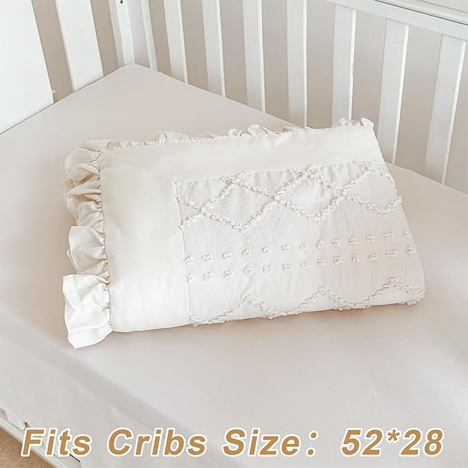 Wowelife Crib Bedding Set for Girls, 3PCs Boho Crib Comforter Set Beige, Ruffle Baby Crib Bedding Set Nursery Bedding Sets for Girls and Boys, Include Quilted Comforter, Crib Skirt and Sheet, Beige