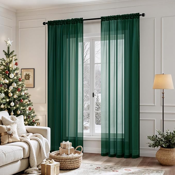 MIULEE 2 Panels Christmas Solid Color Sheer Window Curtains Elegant Window Voile Panels/Drapes/Treatment for Bedroom Living Room (54X108 Inches Hunter Green)