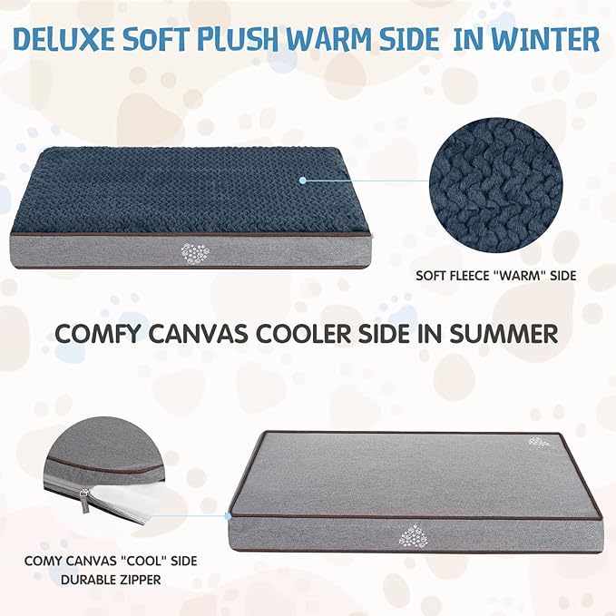 VANKEAN Dog Bed Soft Crate Pad Mat Reversible Warm& Cool, Washable Comfy Kennel Pad with Orthopedic Egg-Crate Foam for Small Medium Large Dogs, Water-Resistant Pet Bed, Grey-Medium