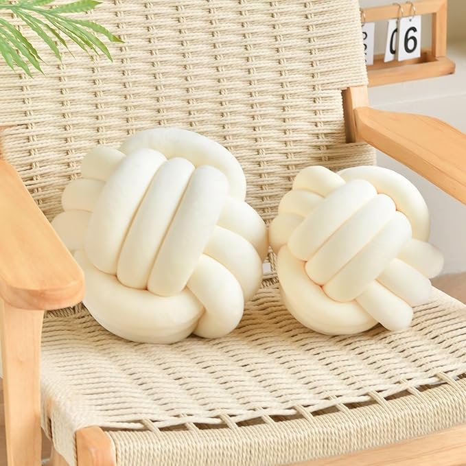 Decorative Throw Knot Pillow Ball for Home Chair Sofa Aesthetic Round Velvet Knotted Pillow Cushion (Milky White, 11 inches)