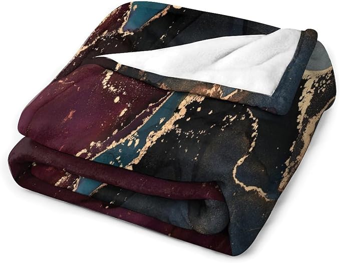Modern Marble Blanket, Abstract Luxury Baroque Golden Purple Blue Stone Veins Pattern Soft Warm Cozy Plush Flannel Covers for Livingroom Bedroom Couch Chair Camping Travel Home Decor Tapestry 60x80in