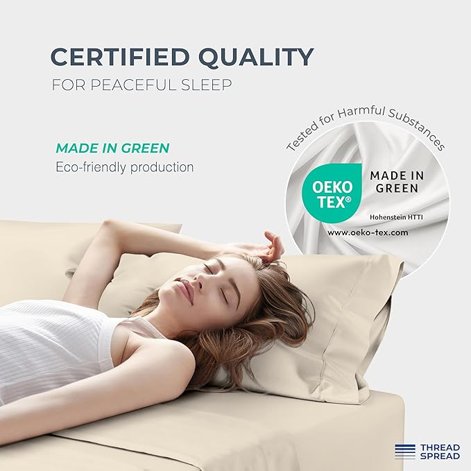 THREAD SPREAD 100% Egyptian Cotton Sheets California King Size Bed Set - 4 PC 1500 Luxury High Thread Count Beige Cal King Bed Sheets, Silky Soft, Cooling, Sateen, 17" Deep Pocket Bedsheet Set