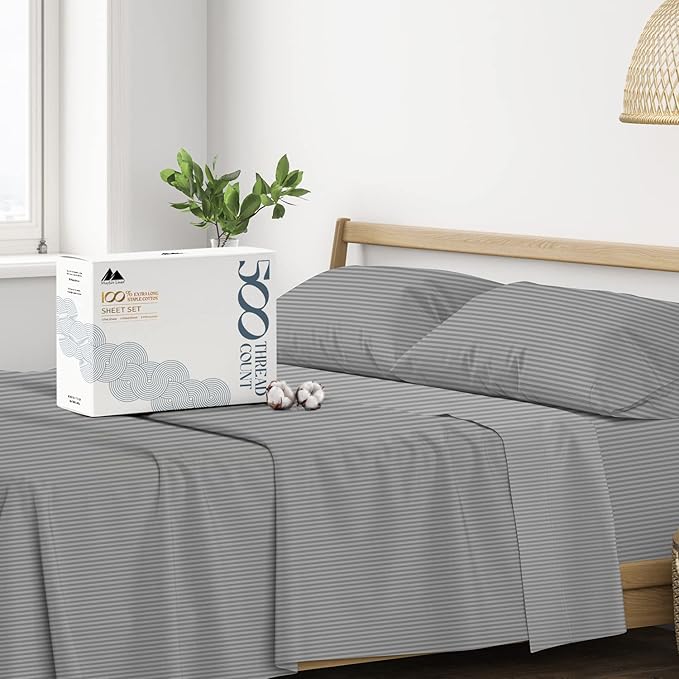 Mayfair Linen 100% Cotton Striped Sheets Full Size Bed Set - 500 Thread Count Damask Sheets Full Size 4 PC Set (Dark Grey Stripe), Soft, Cooling, Sateen Weave Hotel-Quality 16" Deep Pocket Bedsheet