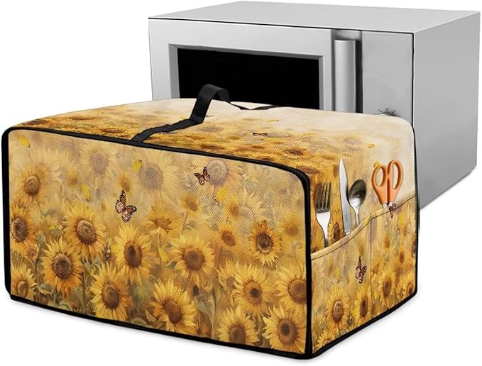 Microwave Oven Cover Dustproof Air Fryer Toaster Oven Protector with Storage Pockets, Stain-resistant Small Appliance Cover for Kitchen Decor, S, Sunflower Butterfly