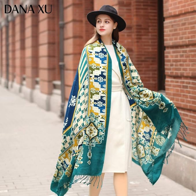 DANA XU 100% Merino Wool Pashmina Shawl for Women 96"x43", Oversized Cashmere Wrap with Tassels, Floral Travel Blanket Cape