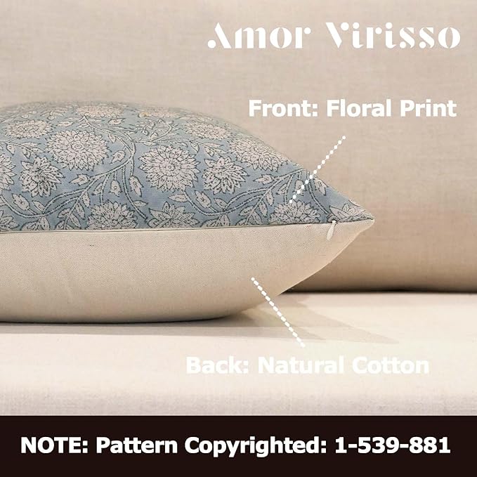 Amor Virisso Floral Throw Pillow Covers 20x20 Block Print Pillow Covers Vintage Neutral Couch Pillows for Living Room Farmhouse Decorative Accent Sofa Pillows, Light Blue