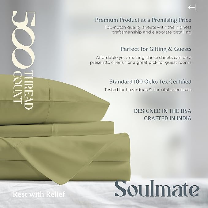 Mayfair Linen 500 Thread Count California King Cotton Sheets - 4 PC Cal King Size Bed Sheet Set Cotton (Sage Green), Soft, Cooling, Sateen 16" Deep Pocket Bedsheet for Hot Sleepers (Fits 18" Mattress)