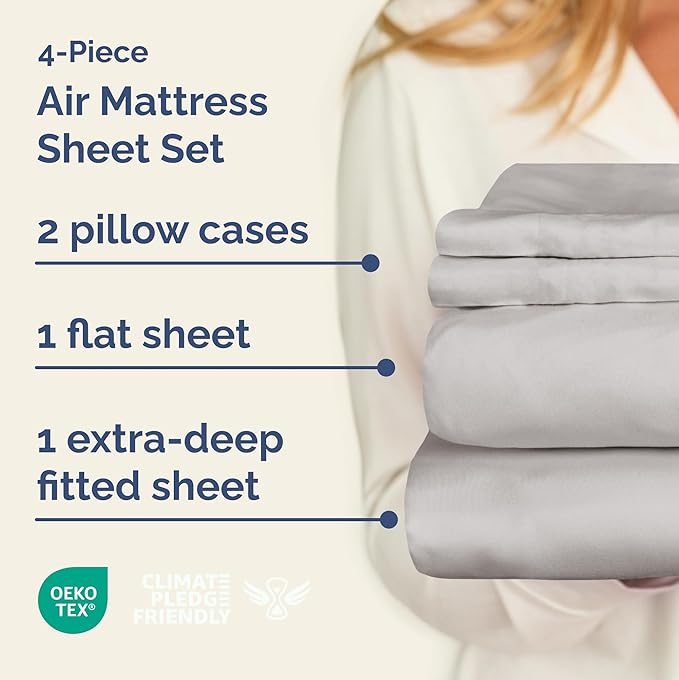 Air Mattress Sheet Set for Queen Size - 4 Piece Breathable & Cooling Sheets w/Extra Deep Pockets - Fits Inflatable & Blow Up Air Mattresses Up to 24 Inches Thick - Soft & Wrinkle Free - Light Grey