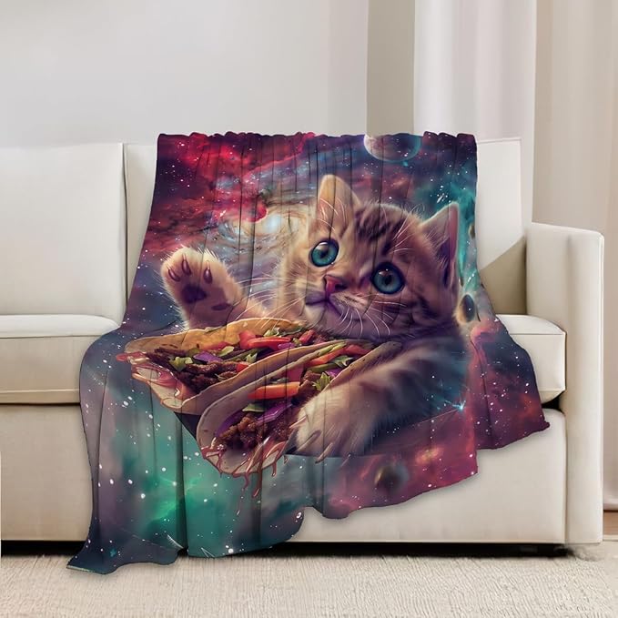 Funny Cat Print Blanket Taco Cute Kitty Animal Galaxy Throw Blankets Gifts for Couch Sofa Stuff Decor Soft Cozy Plush Flannel Bedding for Lover Men Women 60"x80"