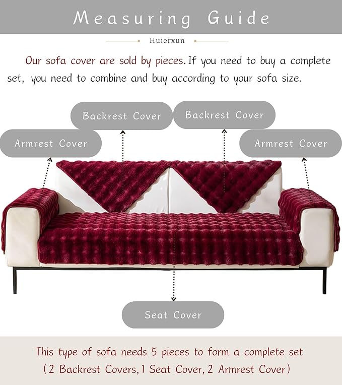 Christmas Faux Fur Armrest Cover Backrest Cover Fuzzy Plush Thick Bubble Sofa Cover Luxury Soft Cozy Couch Cover Anti-Slip Sofa Slipcover Washable Furniture Protector (Wine Red,28"x28")
