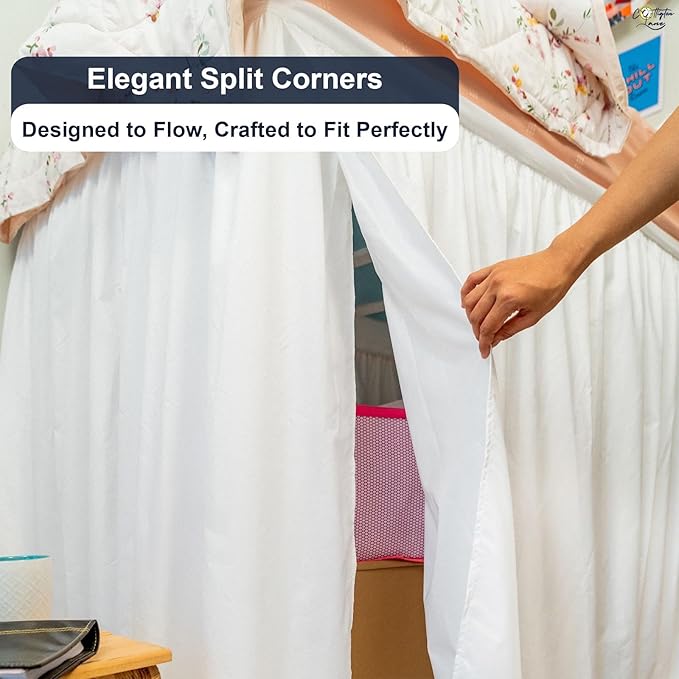 Cottington Lane Extra Long Ruffled College Dorm Bed Skirt 42 Inch Drop, Premium Hotel Collection Brushed Mircofiber Twin XL Dust Ruffle Raised Dorm Room Essentials and Decor, White Solid