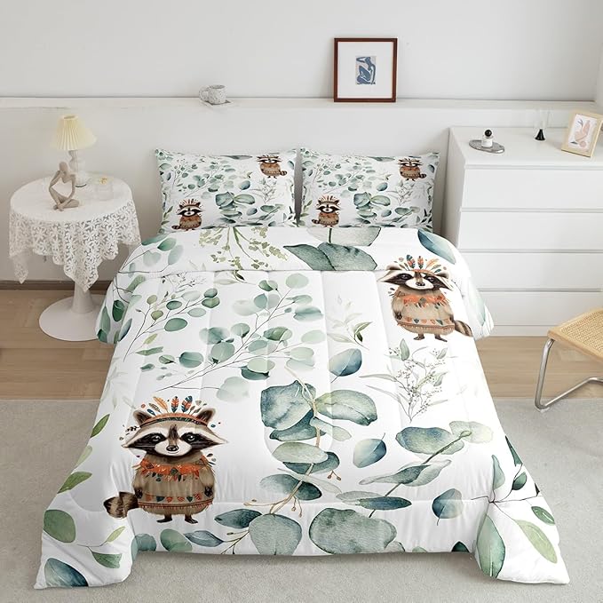 Erosebridal Cute Raccoon Queen Comforter Set for Kids Child Green Eucalyptus Bedding Set Queen, Woodland Animal Bedding Comforter Sets Plant Leaves Duvet Set, Cartoon Wildlife Quilted Comforter